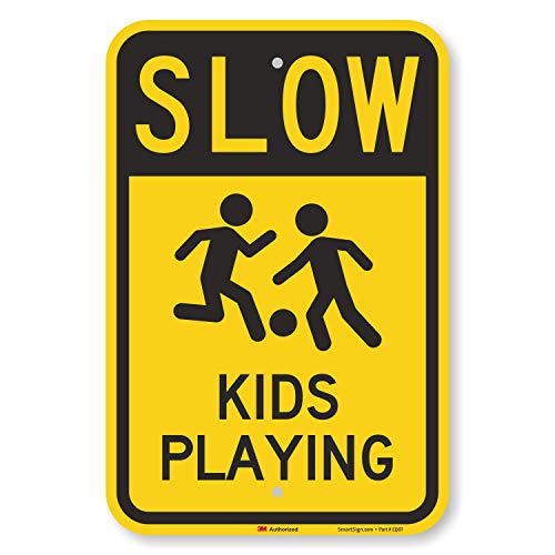 SmartSign 18 x 12 inch “Slow - Kids Playing” Metal Sign, 63 mil Aluminum, 3M Laminated Engineer Grade Reflective Material, Black and Yellow