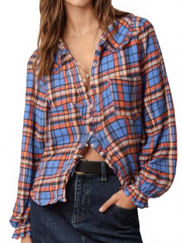 Tankaneo Womens Peter Pan Collar Button Down Shirts Long Sleeve Plaid Blouse Dressy Casual Fall Tops