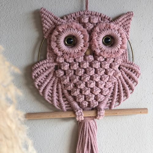 Image of tms Bohemian Owl Macrame Wall Hanging - 12 x 23 Inch - Handcrafted Boho Home Decor with Natural Elements - Boho Chic Accent for Home, Office, or Living Room (Peach)