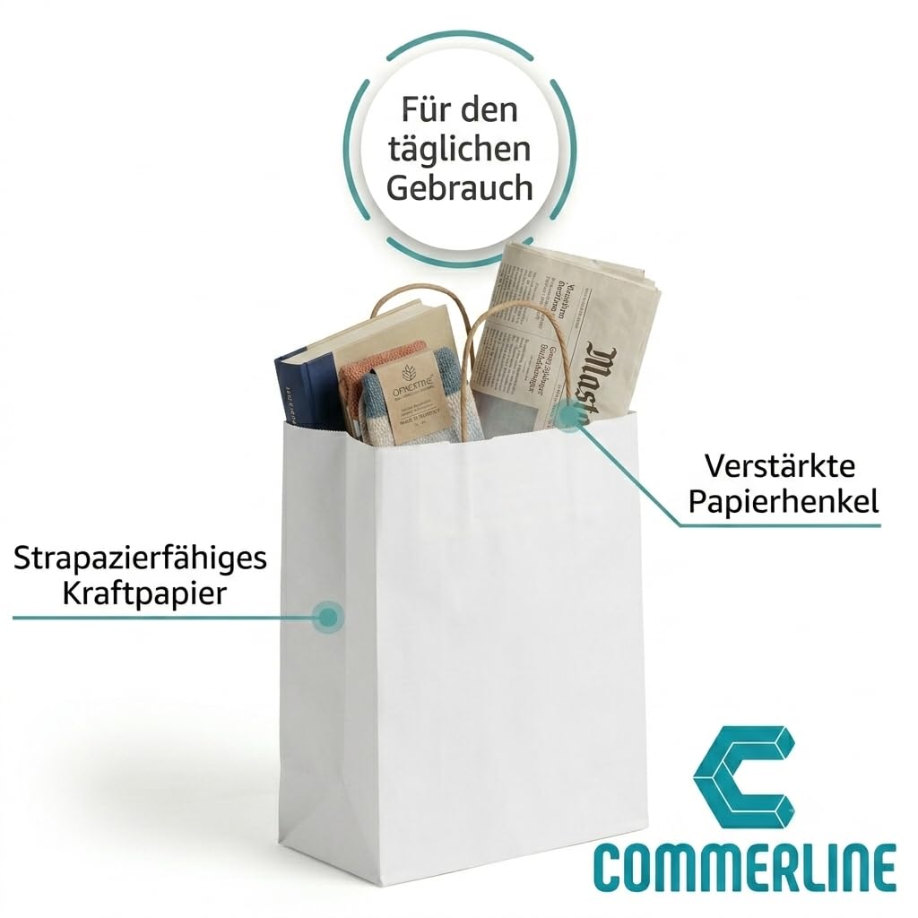 Commerline 100 Stück Weiß Papiertüten mit Henkel, 45+17x48 cm Kraftpapier Tüten mit Kordelgriff, Papiertragetaschen für Einkaufen und Verpackung, Geschenktüten Kindergeburtstag, Partys, DIY