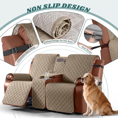 Image of Ruaozz Waterproof Recliner Loveseat Cover with Console, Non-Slip Couch Cover Pet Cover for Double Recliner Split Sofa Cover with Elastic Straps for Kids, Dogs, Pets (Pale Beown, 2 Seater)