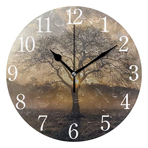 SUABO Tree Wall Clock Arabic Numerals Design Sunrise Tree Round Wall Clock for Living Room Bathroom Home Decorative