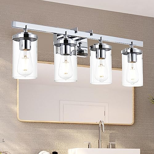 BONLICHT Contemporary Bathroom Vanity Light Fixtures 4-Lights Cylinder Clear Glass Shade Modern Farmhouse Chrome Wall Sconce Lighting Industrial Bath Vanity Lights Over Mirror BONLICHT Contemporary Bathroom Vanity Light Fixtures 4-Lights Cylinder Clear Glass Shade Modern Farmhouse Chrome Wall Sconce Lighting Industrial Bath Vanity Lights Over Mirror