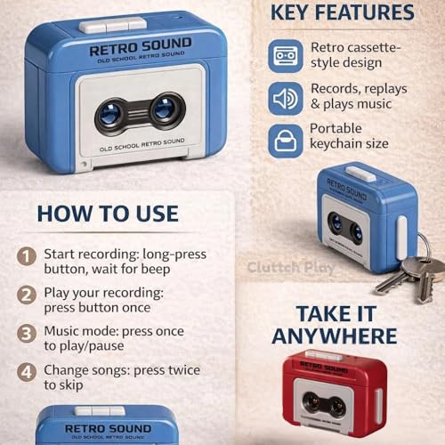 Image of Mini Retro Cassette Tape Voice Recorder Keychain
