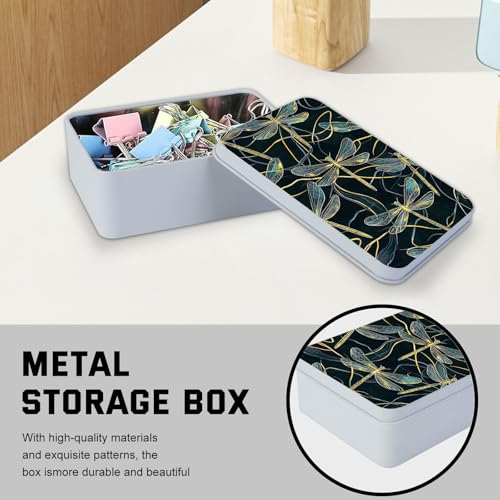 Image of Metal Tin Box with Lid,Multi-functional Storage Box Can Store Tea Biscuits Game Cards, Playing & Tarot Cards-Comes with 4 Magnetic Cord Clips,Golden Dragonflies Pattern