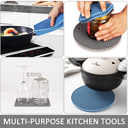 Image of Trivets for Hot Dishes, 4 Pack Silicone Hot Pads for Kitchen, Non-Slip Heat Resistant Silicone Mat for Countertops, Spoon Rest, Multipurpose Food Grade Thick Trivet(Gray& Blue) Pot Holders
