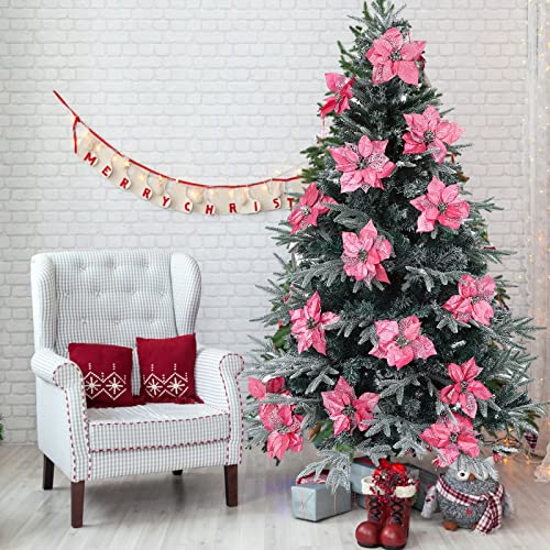 15 Pieces Christmas Glitter Poinsettia with Clips Christmas Poinsettia Decorations Artificial Poinsettia Flowers Ornament Christmas Flowers for New Year Wedding Home Decoration 8.7inch/22cm Pink