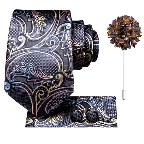 Image of Hi-Tie Men's Tie Lapel Pin Set Pocket Square Cufflinks Formal Woven Silk Tie Sets Wedding Party