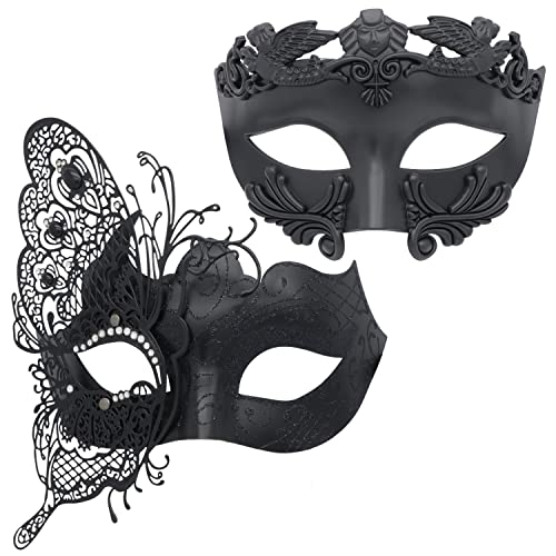 Coddsmz Couple Masquerade Masks, Roman Greek & Venetian Butterfly Styles for Halloween & Prom, 5-black-black