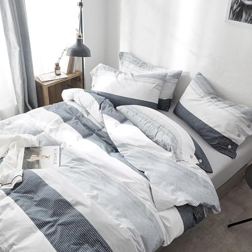 Image of Striped Comforter Set King Size, Blue Grey Stripes Pattern Printed Bedding Set, 3 Pieces Lightweight Bedding Comforter Set, Breathable Soft Fluffy Stripe Bed Set King Comforter with 2 Pillowcases