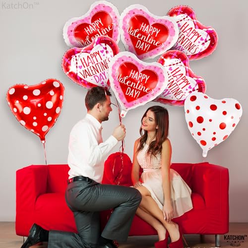 Image of KatchOn, Happy Valentine's Day Balloons Set - 12 Pack, Red, White & Pink Heart Shaped Foil Balloons, 18 Inch, Valentines Day Decorations