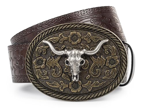 Mens Western Cowboy Belt Vintage Embossed Leather Belt With Longhorn Cow Pattern Buckle Fit 25" to 38" Waist4