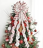 HUIHUANG Red Christmas Tree Topper Bow 13 inch x 45 inch Large Christmas Bows Red and White Candy Cane Velvet Bows for Christmas Tree Ornament, Wreaths, Staircase, Mantel, Home Decor