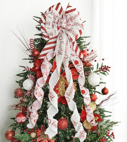 HUIHUANG Red Christmas Tree Topper Bow 13 inch x 45 inch Large Christmas Bows Red and White Candy Cane Velvet Bows for Christmas Tree Ornament, Wreaths, Staircase, Mantel, Home Decor
