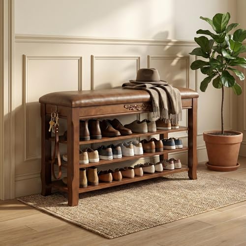 Shoe Rack Bench Entryway Storage with Leather Cushion, 39.4″ | Shoe Organizer Bench for Entryway, Front Doors Entrances Hallway,Mudroom,Closet,Bedroom,3 Height-Adjustable Removable Shelves