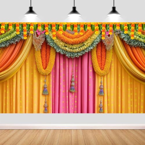 Image of 12x10FT Indian Pooja Backdrop, India Religious Festival Diwali Puja Ganpati Photography Background Marigold Pink Yellow Curtain Banner for Wedding Party Decor Photo Prop