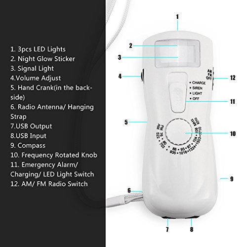 Mini draagbare radio voor noodgevallen met zaklamp, kompas en handslinger. Handslinger Dynamo voeding AM/FM-radio voor kamperen, reizen, wandelen enz. - Image 7