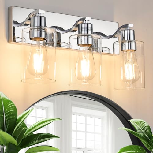 AMRUIPO 3 Lights Bathroom Light Fixtures Chrome Vanity Light with