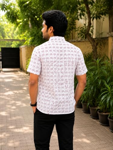 Image of LATEST CHIKAN Men's Cotton Printed Short Kurta | Half Sleeve Band Collar Ethnic Wear | Radhe Print Casual Festive Traditional Kurta for Men