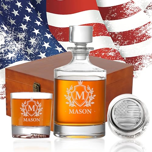 Personalized Whiskey Decanter, Engraved Liquor Decanter 28.7oz, 6 Design Options, Custom American Flag Whiskey Glass Set With Wood Gift Box Options, Whiskey Gifts for Men, Dad, Birthday, Retirement