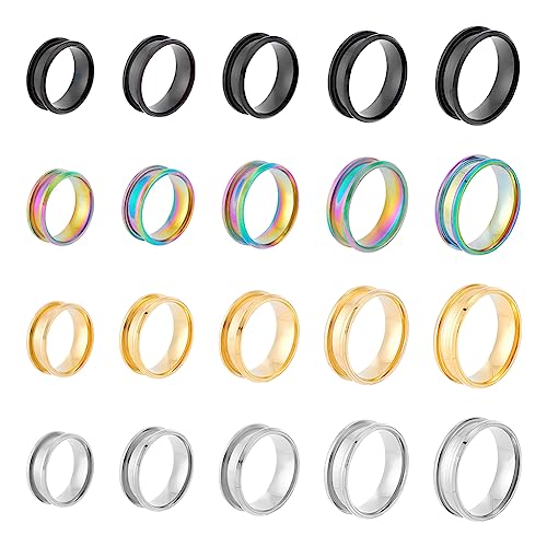UNICRAFTALE 20pc 4 Color Blank Core Grooved Round Empty Inlay Ring Size 8-12 Stainless Steel Wedding Band Making