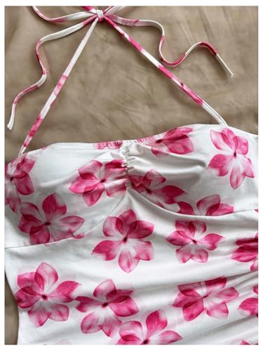Image of Floerns Women's Floral Print Halter Dress Sleeveless Drawstring Asymmetrical Hem Bodycon Dress