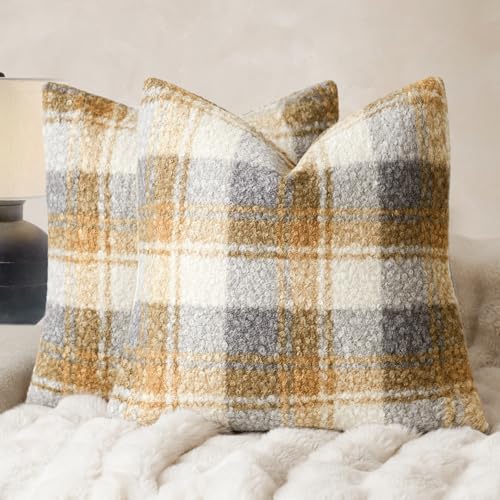 Image of Foindtower Pack of 2 Soft Faux Fur Boucle Throw Decorative Pillow Covers Fuzzy Accent Check Cushion Sherpa Boho Farmhouse Pillowcase for Couch Sofa Bed Living Room Home Decor 18x18 Inch,Amber and Blue