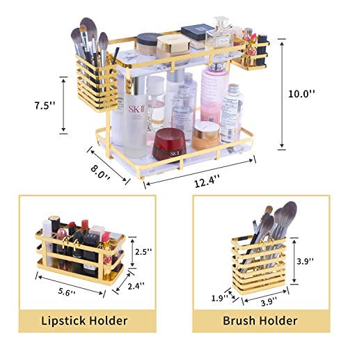 Fosenw 2-layer Golden Cosmetic Storage Rack,Bedroom Countertop Organizer Basket,Dressing Table Storage Shelf Including Lipstick and Makeup Brush Holder,Golden
