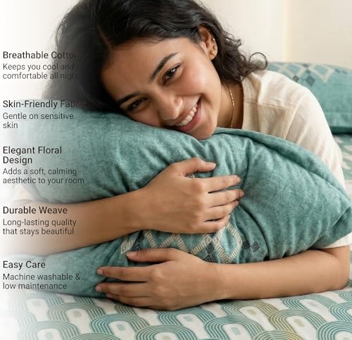 Image of VAS COLLECTIONS Cotton Double Bedsheet with 2 Pillow Covers (90x100 Inch) | 180 TC Soft Breathable Printed Bedsheet for Double Bed | Bedding Set for Bedroom & Home Decor (Juniper Teal)