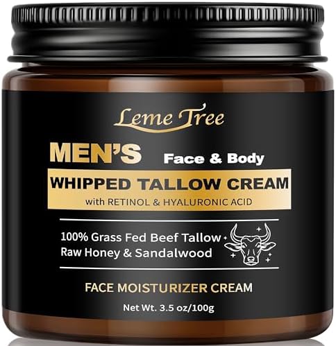 Men's Beef Tallow Skincare Face Cream, Beef Tallow and Honey Balm with Anti Aging Retinol & Hyaluronic Acid, Mens Skin Care Face Moisturizer, Organic Whipped Grass Fed Lotion, Reduces Wrinkles Lines