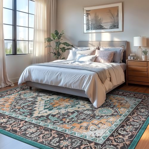 Lofus 6x9 Area Rugs for Living Room, Washable Area Rug, Rugs for Bedroom, Kitchen, Vintage Boho Carpet, Soft Non-Slip, Low Pile Large Area Rug for Office Dining Room, Floral Green