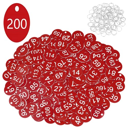Flintronic Etiquetas Numeradas Número, Llaveros Numerados para Taquillas, Numeros Etiquetas de Plástico, para Taquillas Hoteles Pubs Spa para Identificación Guardarropa, 1-200 Rojo