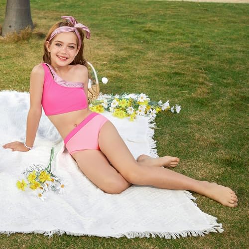 Mirawise Girls Swimsuit One Shoulder Metallic Patchwork Neckline Bathing Suit 2 Piece Bikini4