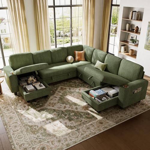 Image of LINSY HOME Sectional Sleeper Sofa with Pull Out Couch Bed - Convertible Plush Corduroy Cloud Couch with Storage Chaise & USB Charging, Comfy Modular Couches for Living Room, Green