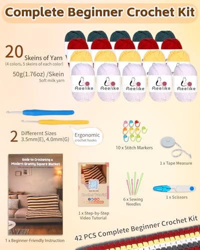 Image of Aeelike Crochet Blanket Kit for Beginners, Colorful Mosaic Stripe Blanket, 42PCS Complete Beginner Crochet Kit for Adults & Kids w Premium Yarn Beginner Friendly Videos Tutorials & Instructions