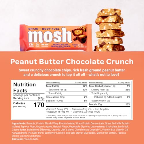 MOSH Peanut Butter Chocolate Keto Protein Bars, High Fiber, Low Carb, Gluten Free, High Protein, Brain Healthy Snack, 12 Count
