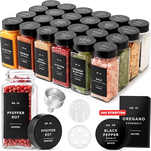 EDELHAUS Gewürzgläser Eckig Set (24 x 120ml) Gewürzstreuer mit Streueinsatz und 240 Etiketten...