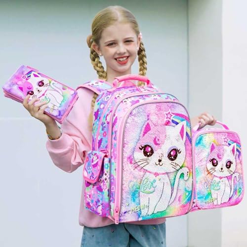 UFNDC 3PCS Girls Backpack, 16”Kids Cat Sequin Bookbag with Lunch Box, Water Resistant School Bag for Elementary Preschool Toddler2