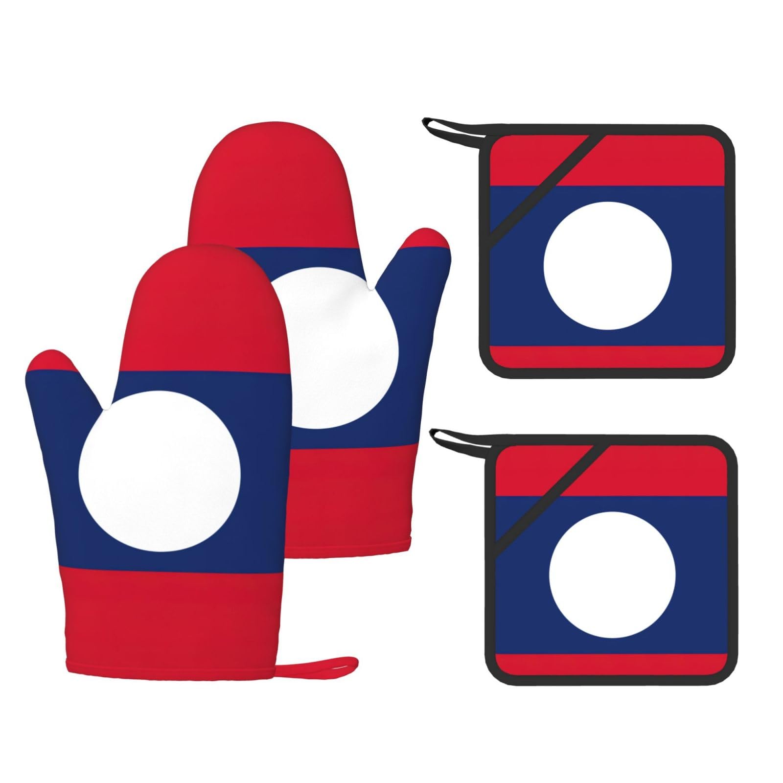 Flag of Laos Printed Kitchen Oven Gloves and Potholder 4 Pcs, Non-Slip Heat Resistant Mitts for Baking Chef
