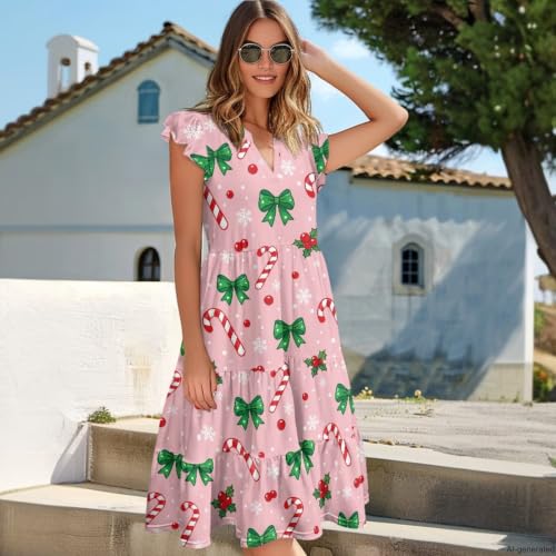 Image of Women's Casual Ruffle Sleeve Dress V Neck Pullover Dress Flowy A-Line Pleated Lightweight Dress with Pockets
