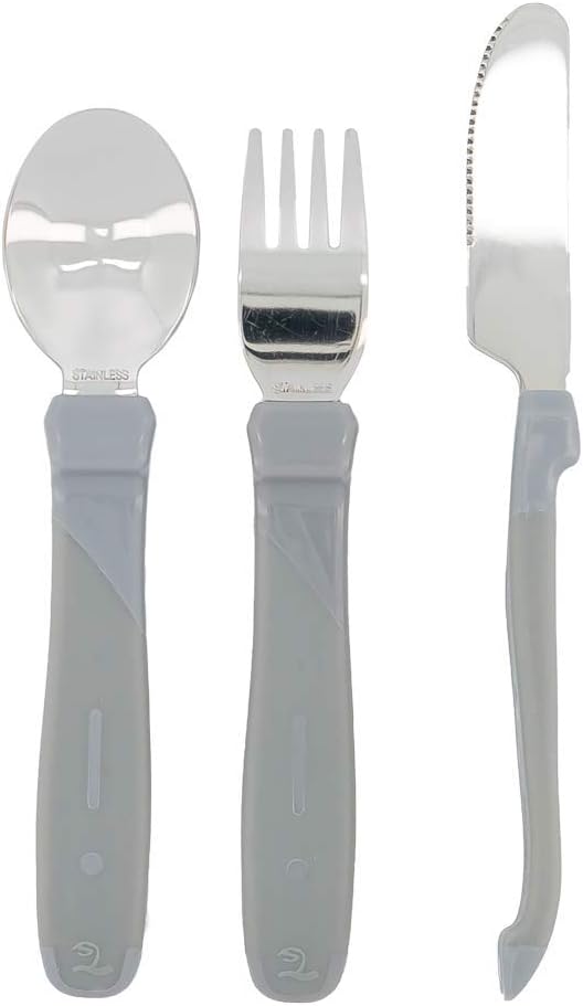 Stainless Steel Baby Cutlery Set | Baby Spoon + Baby Fork + Baby Knife | BPA-Free Baby Weaning Set for Children | Learning Set for Kids | 12 m+ | Pastel Grey