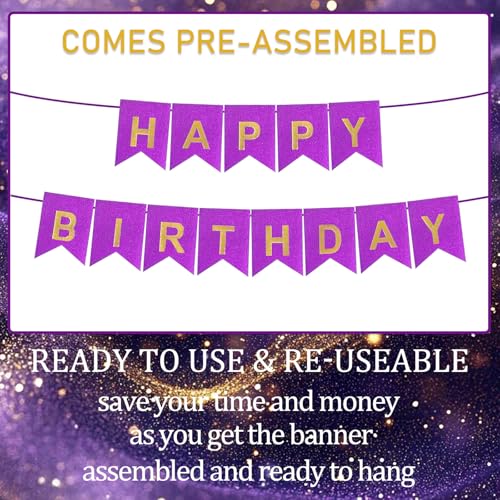 Image of Purple Happy Birthday Banner - 16 ft Pre-Strung Gold Purple Birthday Party Decorations Sign for Girls, Boys, Kids, Women - No DIY Hanging Backdrop for Indoor & Outdoor Celebrations