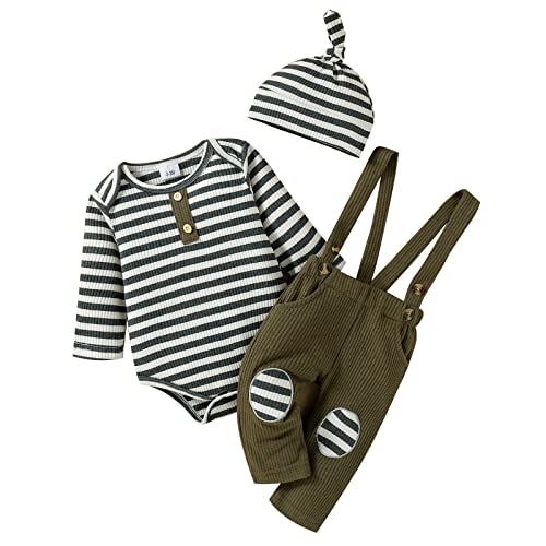 Image of Baby Boy Clothes Newborn Fall Winter Boy Clothes Long Sleeve Striped Romper Overalls Suspender Pants Hat Clothes Set