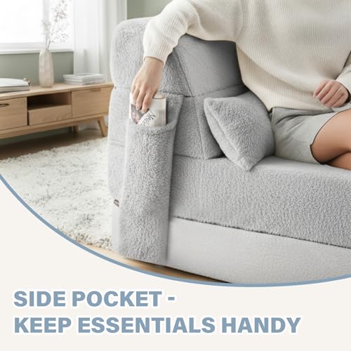 Image of Tiita Convertible Folding Sofa Bed Single Size for Adults with Pillow, Plush Fabric Floor Mattress Couch Bed, Washable Cover & Side Pocket, Guest Room, Dorm, Apartment, Living Room, White Gray