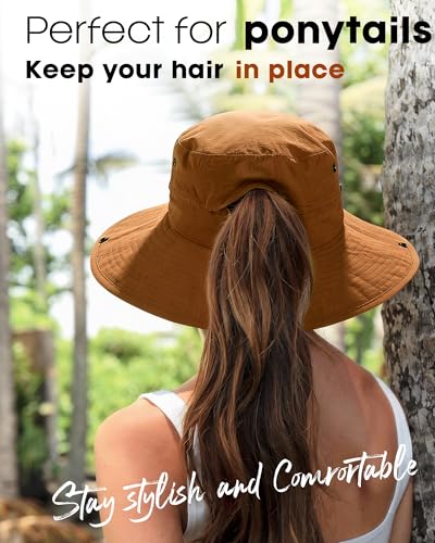 Image of FURTALK Sun Hats for Women Ponytail Wide Brim Summer Packable Cowboy Hat | 100% Nylon, Convertible Cowboy Style, Foldable & Packable, Adjustable Drawstring, Ideal for Hiking, Gardening, Beach Boating