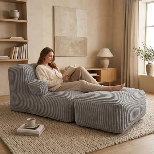 MaxiBean Giant Bean Bag Chair Plush Faux Fur Foldable Memory Foam Lounger Removable Washable Cover for Living Room Gaming & Lounge (Large Stripe Grey)