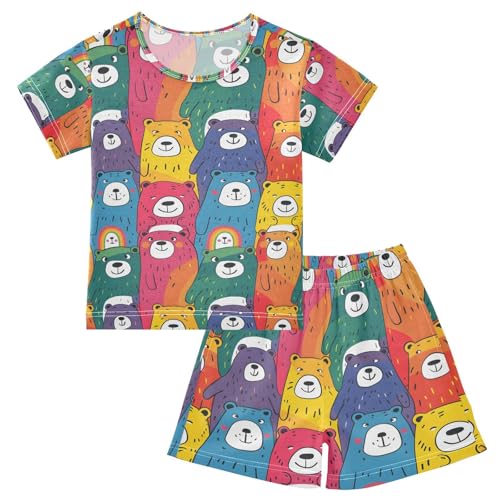ALAZA Bear Colorful Cartoon Pajamas Set Short Sleeve Cotton Sleepwear Summer Pjs 2 Piece 5-14Y