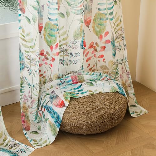Image of Story@Home Long Door Curtains 9 Feet Long Set of 1 | Leaf Printed | Semi Transparent Curtain | Net Curtains | Sheer Curtain for Living Room | (118 X 275 Cm, White & Green) | Perfect for Home Decor