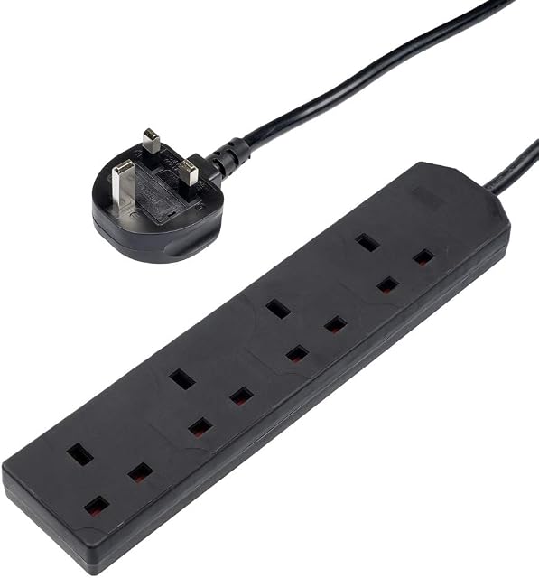 Invero® 4 Way Gang Power Mains Extension Lead 5M Metre Cable British Approved 13A Amps - Black
