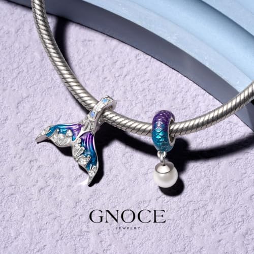 Image of GNOCE Little Mermaid Pendant Dangle Charm for Her, S925 Sterling Silver Tear Drop Pearl Bead Charms for Women Wife, Valentine's Day, Mother's Day Hand‑Finished Keepsake Jewelry Gift